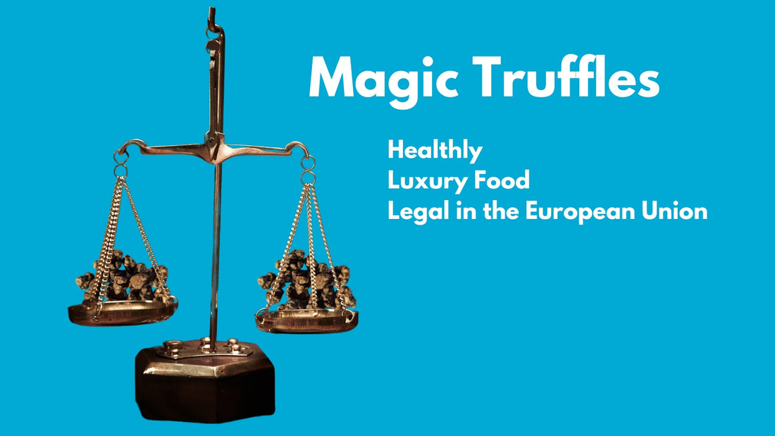 handful of magic truffles on a scale. background is sky blue. Title: Magic Truffles